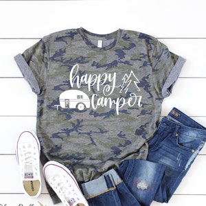 HAPPY CAMPER Shirt For Women, Camo Shirt, Camping Shirt, Nature Shirt, Adventure Shirt, Wanderlust, Camping Crew, Graphic T Shirt, 2X, 3X,4X
