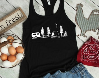 Camiseta sin mangas "Keep Life Simple" para mujer, camiseta sin mangas de camping con espalda cruzada, camiseta minimalista para exteriores, regalo para amantes de la naturaleza.