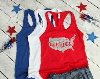 Womens 4th of July Tank Top: Silver Glitter Merica Shirt