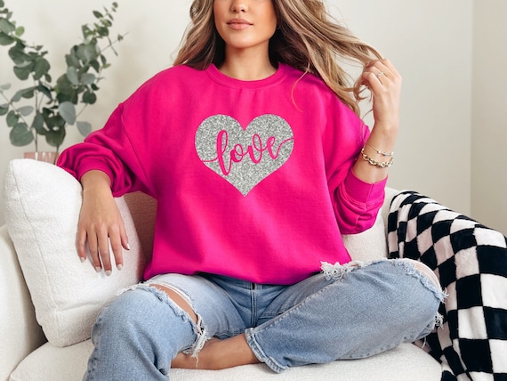 Heart Valentine's Day Sweatshirt For Women GLITTER HEART Love Galentine's Day Crewneck Cute Tee Shirt Plus Size Avail 2X 2XL 3X 3XL 4X 4XL