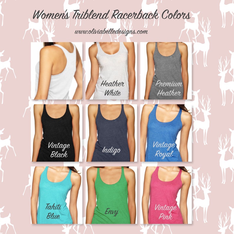May include: Nine different color racerback tank tops. The colors are Heather White, Premium Heather, Vintage Black, Indigo, Vintage Royal, Tahiti Blue, Envy, and Vintage Pink.
