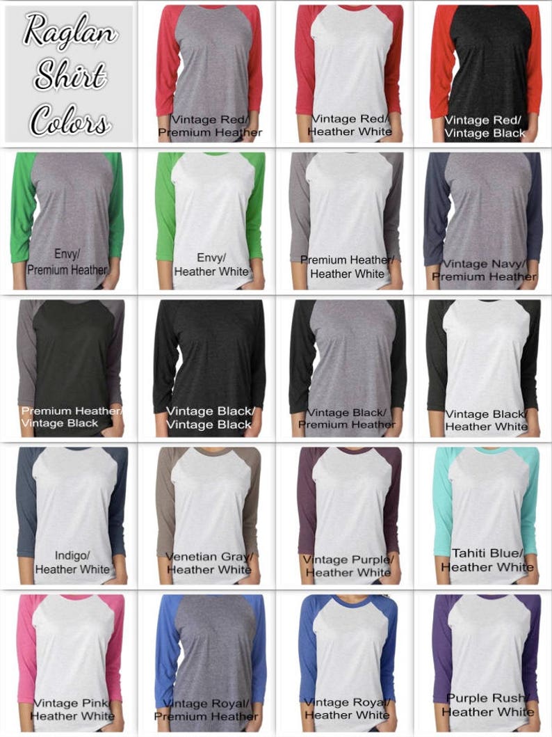 May include: A chart displaying various colour combinations for a raglan shirt. The chart showcases 12 different colour combinations, including vintage red, vintage black, envy, premium heather, indigo, Venetian grey, vintage purple, Tahiti blue, vintage pink, vintage royal, and purple rush.