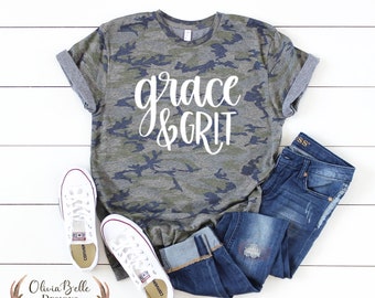 GRACE AND GRIT Shirt For Women, Camo Shirt, Grit And Grace Shirt, Christian Shirt, Girl Boss Shirt, Country Shirt, Graphic Tee Shirt, 3X, 4X