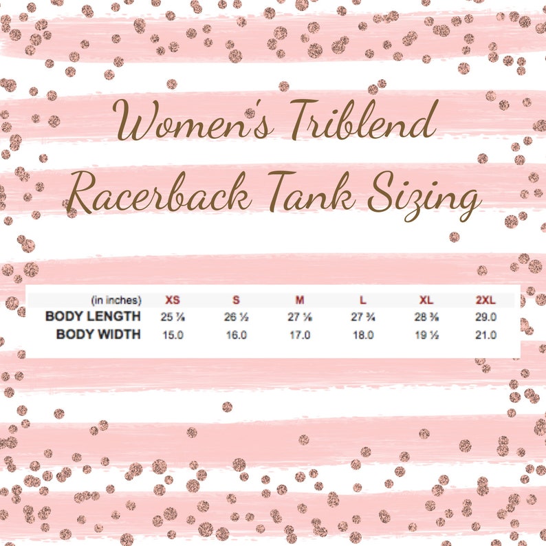 May include: Size chart for a racerback tank top in sizes XS to 2XL. The chart shows body length and body width measurements in inches.