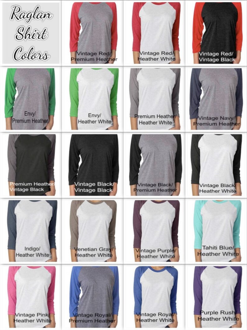 Puede incluir: Un gr&aacute;fico que muestra diferentes combinaciones de colores para una camiseta raglan. El gr&aacute;fico muestra 12 combinaciones de colores diferentes, incluyendo rojo vintage, negro vintage, envidia, heather premium, &iacute;ndigo, gris veneciano, morado vintage, azul Tahit&iacute;, rosa vintage, azul real vintage y morado rush.