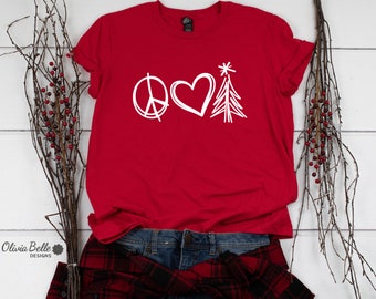 Chemise de Noël Peace Love pour femme, chemise arbre de Noël, t-shirt de Noël, chemise joyeux Noël, t-shirt de Noël, manches courtes de Noël