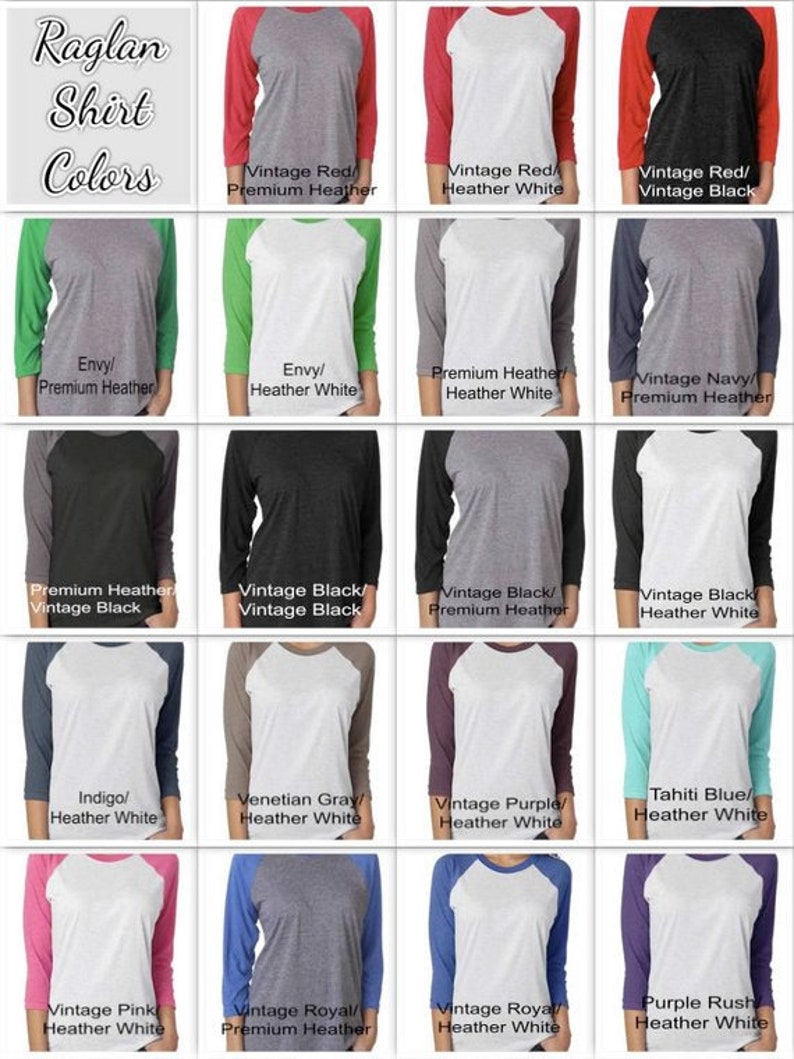 May include: A grid of 12 different color combinations for a raglan shirt. The shirt is a baseball style with a contrasting color on the sleeves. The colors include vintage red, envy, premium heather, vintage black, indigo, venetian gray, vintage purple, tahiti blue, vintage pink, vintage royal, and purple rush.