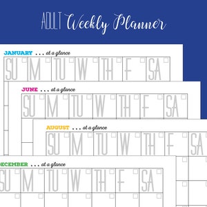 May include: A printable weekly planner with four months: January, June, August, and December. Each month has a blank grid with days of the week labeled: Sunday, Monday, Tuesday, Wednesday, Thursday, Friday, and Saturday.