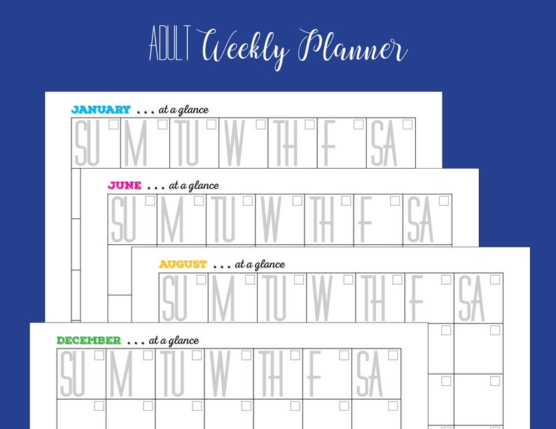 May include: A printable weekly planner with four months: January, June, August, and December. Each month has a blank grid with days of the week labeled: Sunday, Monday, Tuesday, Wednesday, Thursday, Friday, and Saturday.