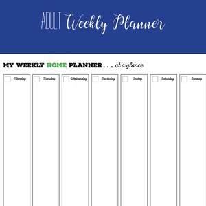 May include: A black and white printable weekly home planner with the text "MY WEEKLY HOME PLANNER... at a glance" at the top. The planner is divided into seven columns for each day of the week: Monday, Tuesday, Wednesday, Thursday, Friday, Saturday, and Sunday.