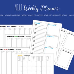 May include: A printable weekly planner with sections for work, home, to-do lists, and a daily checklist. It also includes a monthly calendar for August.