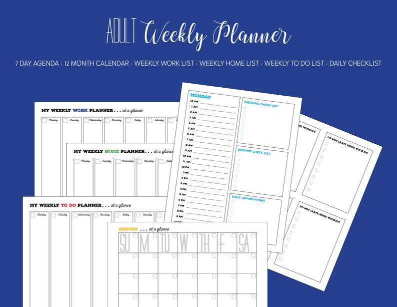 May include: A printable weekly planner with sections for work, home, to-do lists, and a daily checklist. It also includes a monthly calendar for August.