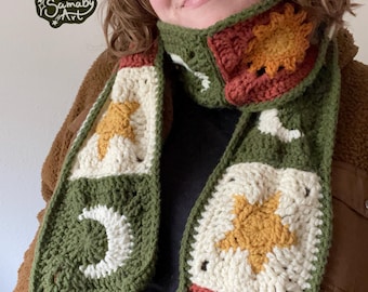 Crochet Celestial Granny Square Scarf: Sun, Moon, & Stars | Autumnal Colors | Handmade to Order