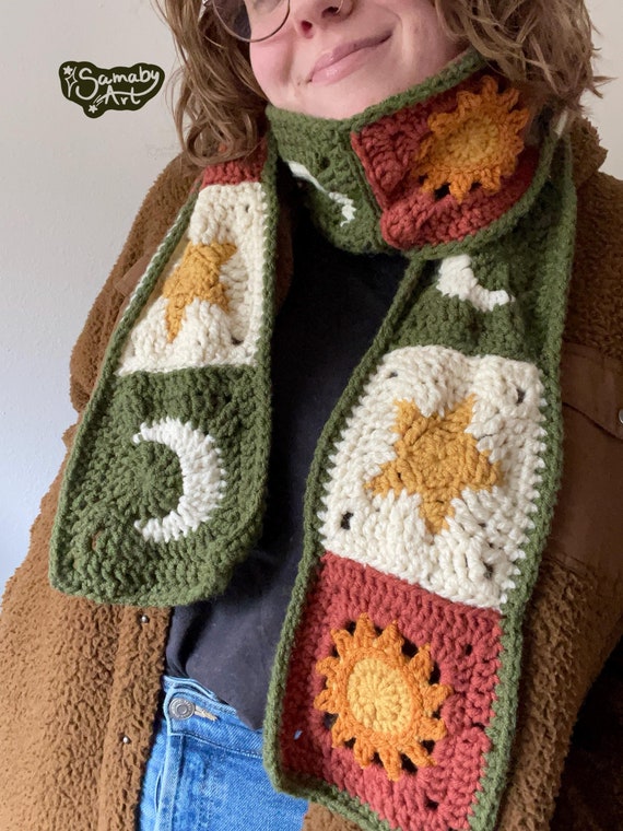 Crochet Celestial Granny Square Scarf: Sun, Moon, & Stars | Autumnal Colors | Handmade to Order