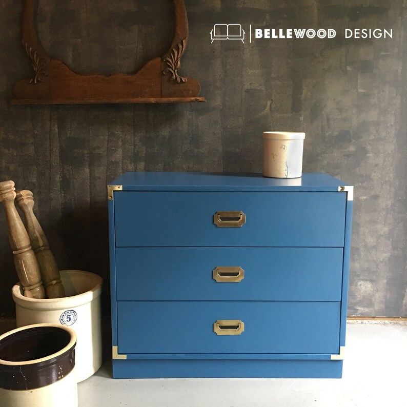 Vintage Blue Campaign Dresser Side Table Three Drawers With Brass