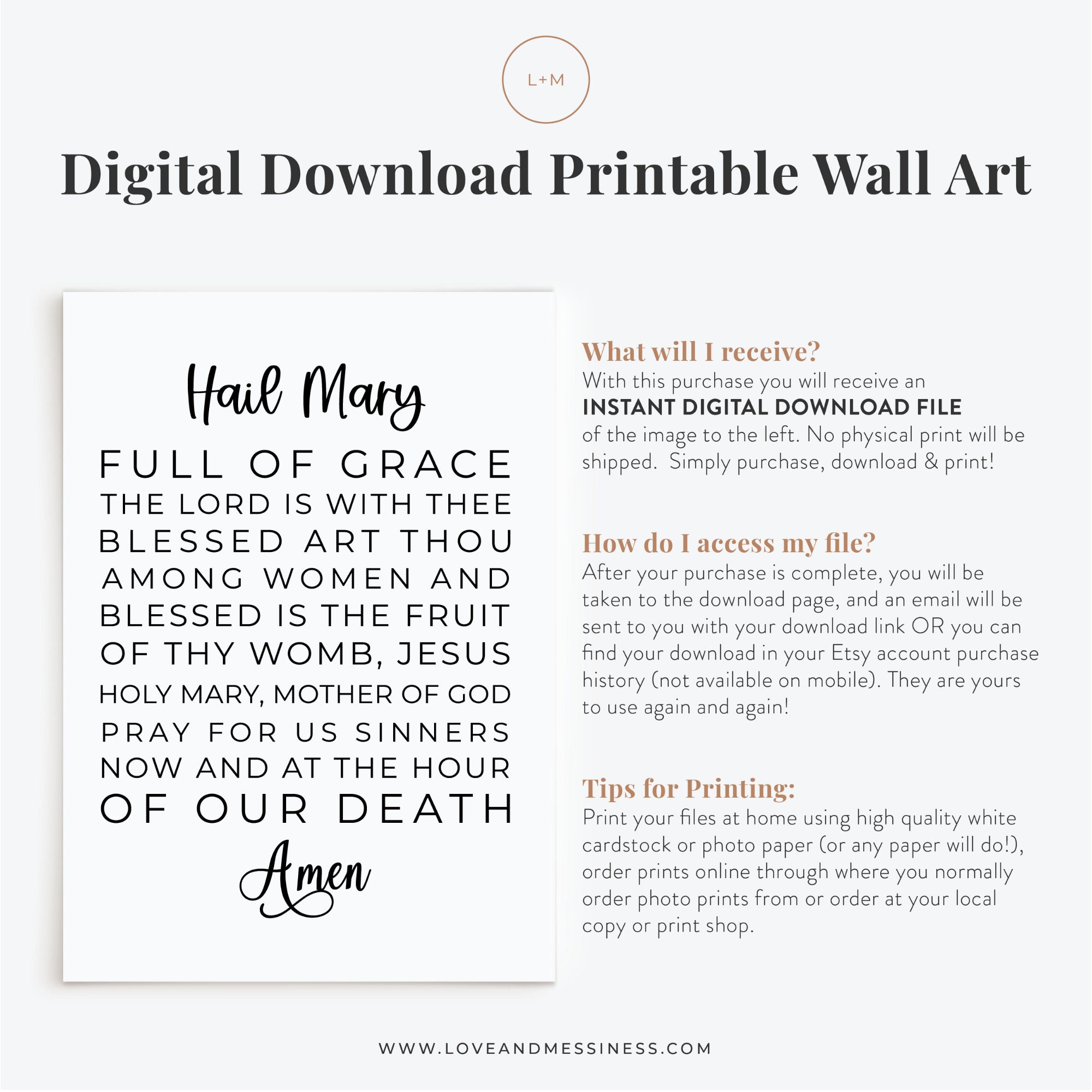 Hail Mary Prayer Printable -- Hail Mary Printable Art, Ave Maria Prayer ...