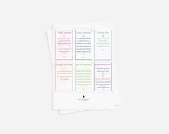 Puede incluir: Un conjunto de tarjetas de oración imprimibles de colores con el texto "Ave María", "Padre Nuestro", "Gloria al Padre", "Ángel de Dios", "Acto de contrición", "Oración antes de las comidas" y "Oración después de las comidas".