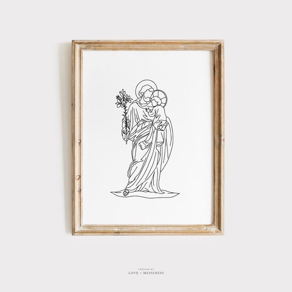 St. Joseph Printable Wall Art -- Saint Joseph with Jesus Drawing, Catholic Wall Art, Catholic Home Decor, Consecration to St. Joseph Gift