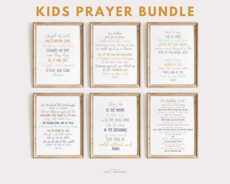 May include: A set of 8 printable kids' prayers in a bundle. The prayers are printed in a variety of colors on a white background. The prayers include: Angel of God, Our Father, Hail Mary, Holy Mary, St. Michael the Archangel, Glory Be to the Father, The Apostles' Creed, and The Lord's Prayer.