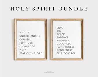 May include: Two framed prints with the text "HOLY SPIRIT BUNDLE". The left print lists "WISDOM, UNDERSTANDING, COUNSEL, FORTITUDE, KNOWLEDGE, PIETY, FEAR OF THE LORD". The right print lists "LOVE, JOY, PEACE, PATIENCE, KINDNESS, GOODNESS, FAITHFULNESS, GENTLENESS, SELF-CONTROL".