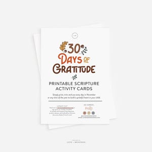 Tarjetas con las Sagradas Escrituras para 30 días de gratitud: tarjetas con las Sagradas Escrituras de Acción de Gracias para niños, tarjetas imprimibles con actividades de gratitud, tarjetas cristianas de Acción de Gracias