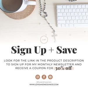 A flat lay shows a coffee cup, a rosary, and a keyboard, with a large text overlay that reads "Sign Up + Save" and "30% off".