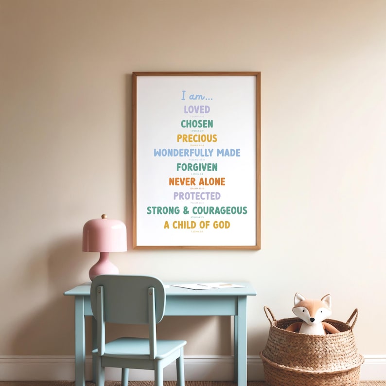 christian kids affirmation printable in a frame above a Childs desk