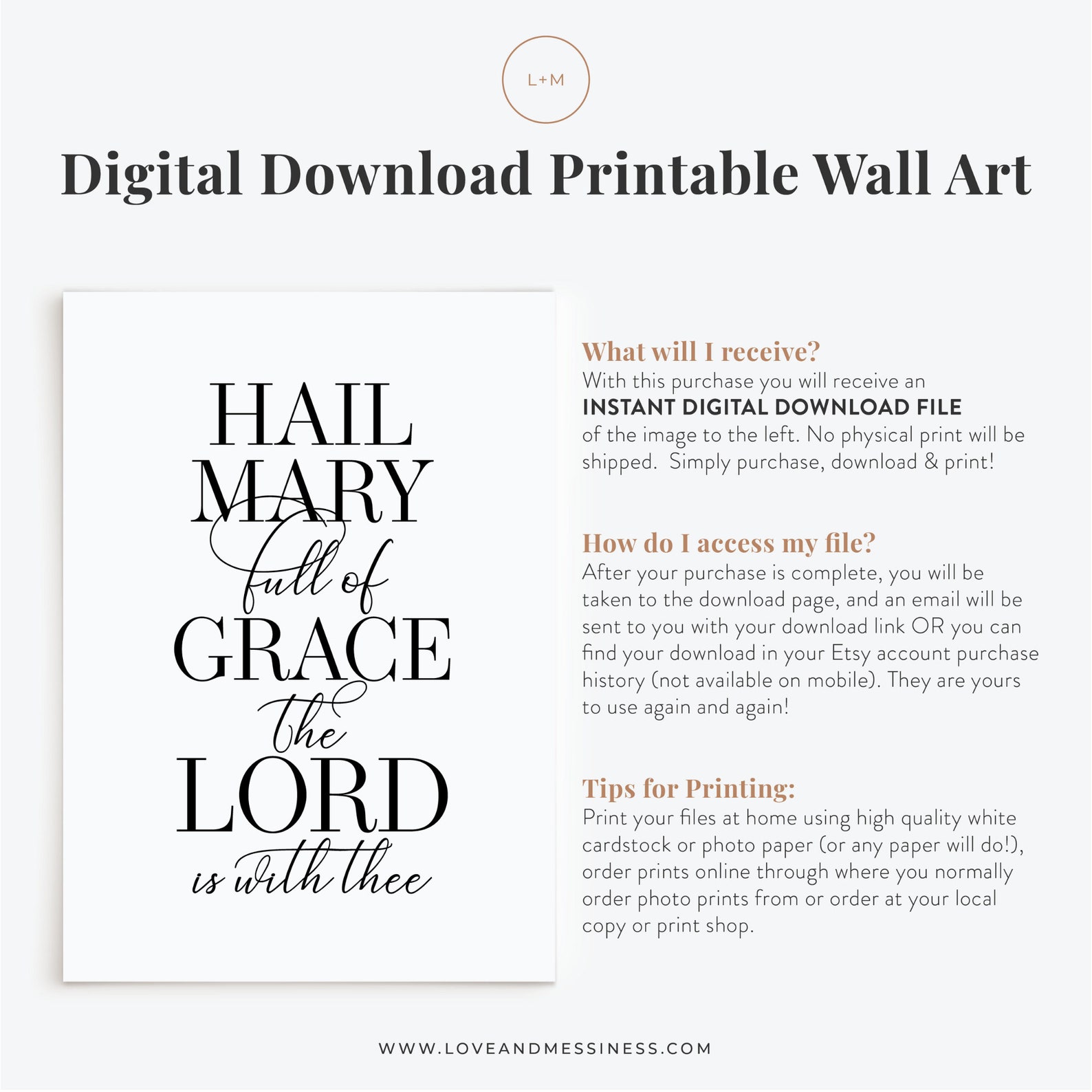 Hail Mary Prayer Printable Wall Art -- Catholic Home Decor, Hail Mary ...