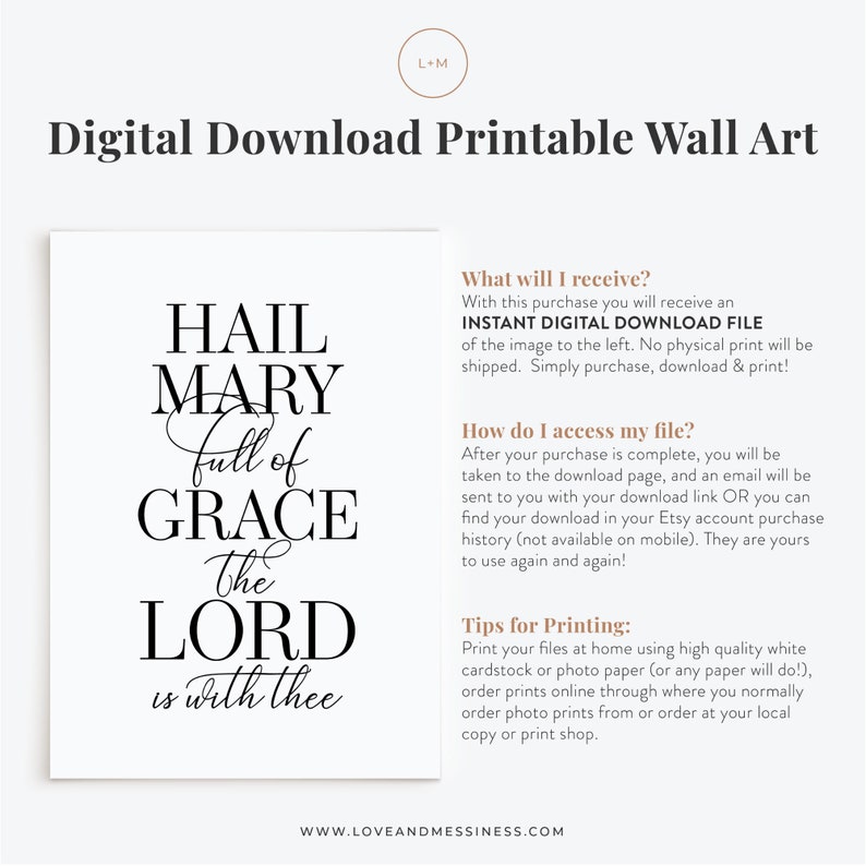 Hail Mary Prayer Printable Wall Art -- Catholic Home Decor, Hail Mary ...