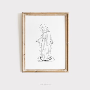 Impresión de la Santísima Virgen María - Arte mural católico, dibujo de la Virgen María, arte católico minimalista, impresión de decoración cristiana para el hogar, Inmaculada Concepción