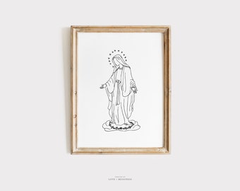 Blessed Virgin Mary Print -- Catholic Wall Art, Virgin Mary Drawing, Minimal Catholic Art, Christian Home Decor Print, Immaculate Conception