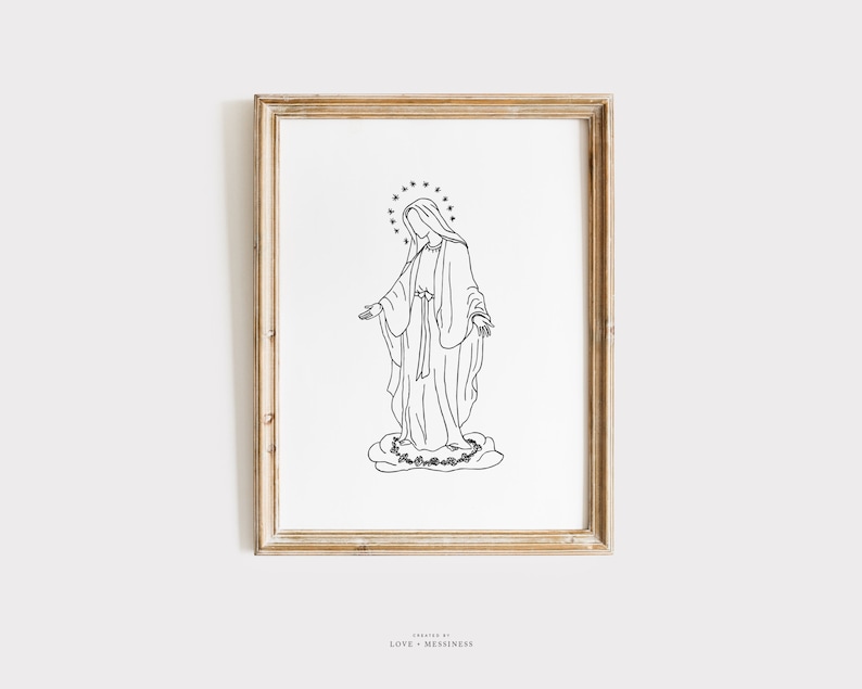 Blessed Virgin Mary Printable Wall Art Immaculate Conception, Virgin Mary Drawing, Catholic Art, Catholic Home Decor, Catholic Printable image 1
