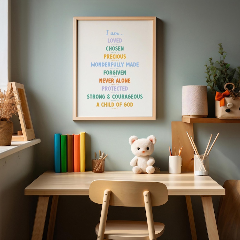 color affirmation printable for kids in a frame above a kids desk