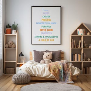 biblical affirmations for kids colorful wall art print in a black frame in a modern kids room