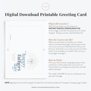 A digital download product image shows the front and back of a greeting card with "happy fathers day" and a communion host graphic, next to text describing the download process.