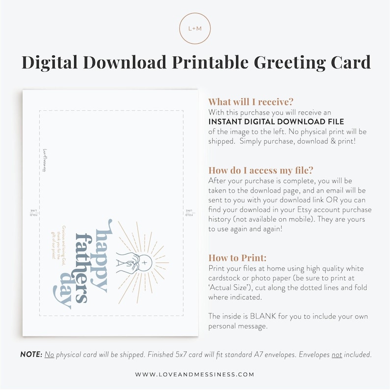 A digital download product image shows the front and back of a greeting card with "happy fathers day" and a communion host graphic, next to text describing the download process.
