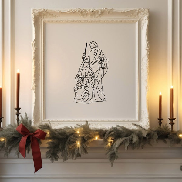Nativity Printable Wall Art - Holy Family Christmas Print, Mary, Joseph & Jesus Drawing, Christmas Art, Catholic Home Decor Digital Download