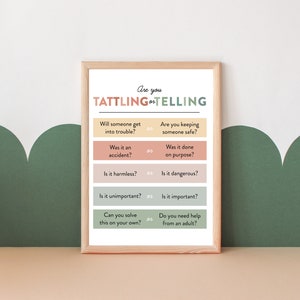 Tattling vs Telling Printable Wall Art -- Homeschool Printable, Playroom Wall Art, Classroom Decor, Homeschool Classroom, Catholic School