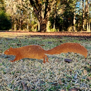 May include: A rusty brown metal squirrel silhouette, with a textured surface, is positioned on a grassy lawn. The squirrel is in a running pose, with its tail extended. The background features a blurred view of trees and foliage.