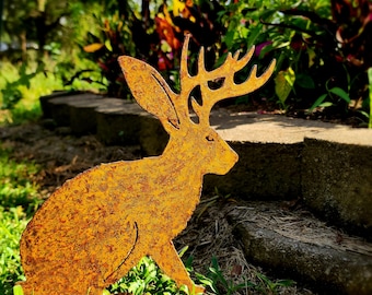 Handmade Metal Jackalope Garden Art - Rusted Yard Decor - Garden Stake Sculpture