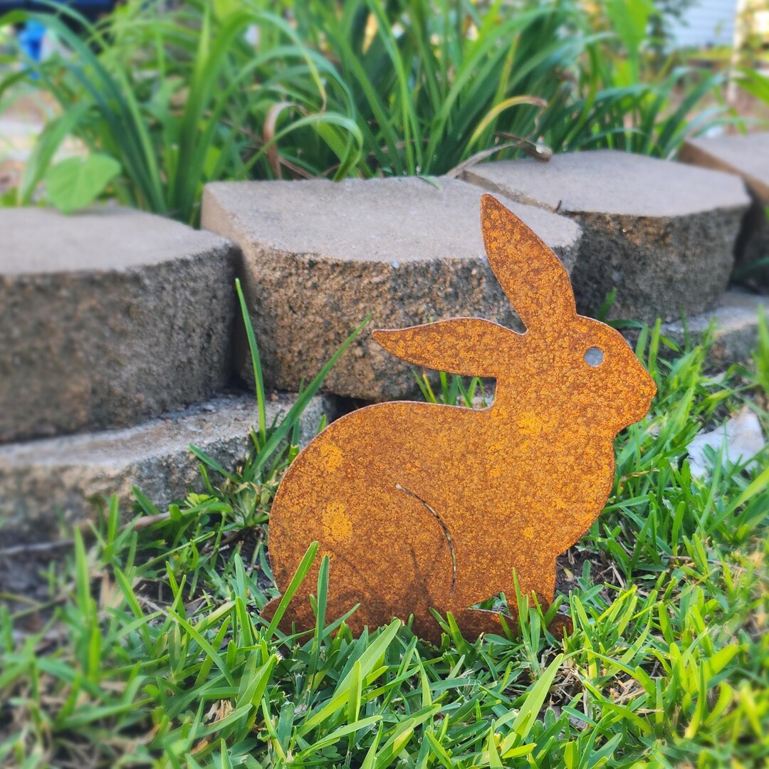 Handmade Metal Rabbit Garden Art - Rusted Yard Decor - Etsy
