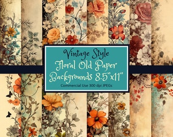 Vintage Style Floral Old Journal Paper Letter 8.5x11 Vertical - JPEG instant download commercial use