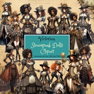 Victorian Steampunk Fashion Doll Style Women Clipart Set - PNG instant download commercial use