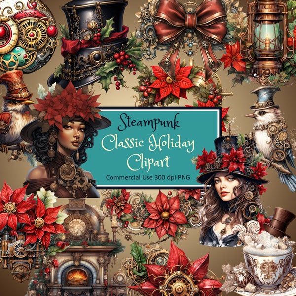 Steampunk Classic Holiday Christmas Festive Red Clipart Set - PNG transparent instant download commercial use