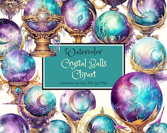 Watercolor Crystal Balls Fantasy Magic Clipart Set in Turquoise Purple Gold - PNG instant download commercial use