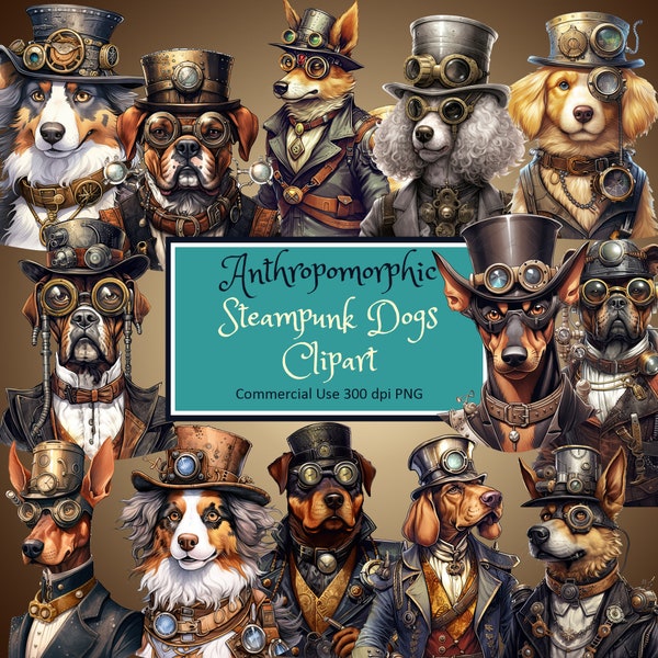 Steampunk Dogs Large Breeds Anthropomorphic Clipart Set - PNG transparent instant download commercial use