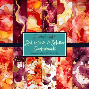 12 Alcohol Ink Red Seamless Backgrounds Wavy Splatters - JPEG instant download commercial use