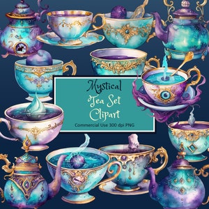 Mystical Tea Clipart Set Watercolor in Turquoise Purple Gold - PNG instant download commercial use