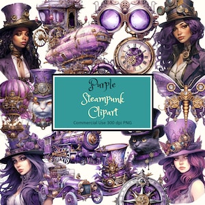 Purple Steampunk Clipart Set - PNG téléchargement instantané utilisation commerciale