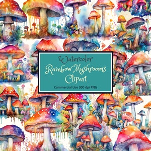 Rainbow Mushrooms Watercolor Clipart Set - PNG instant download commercial use